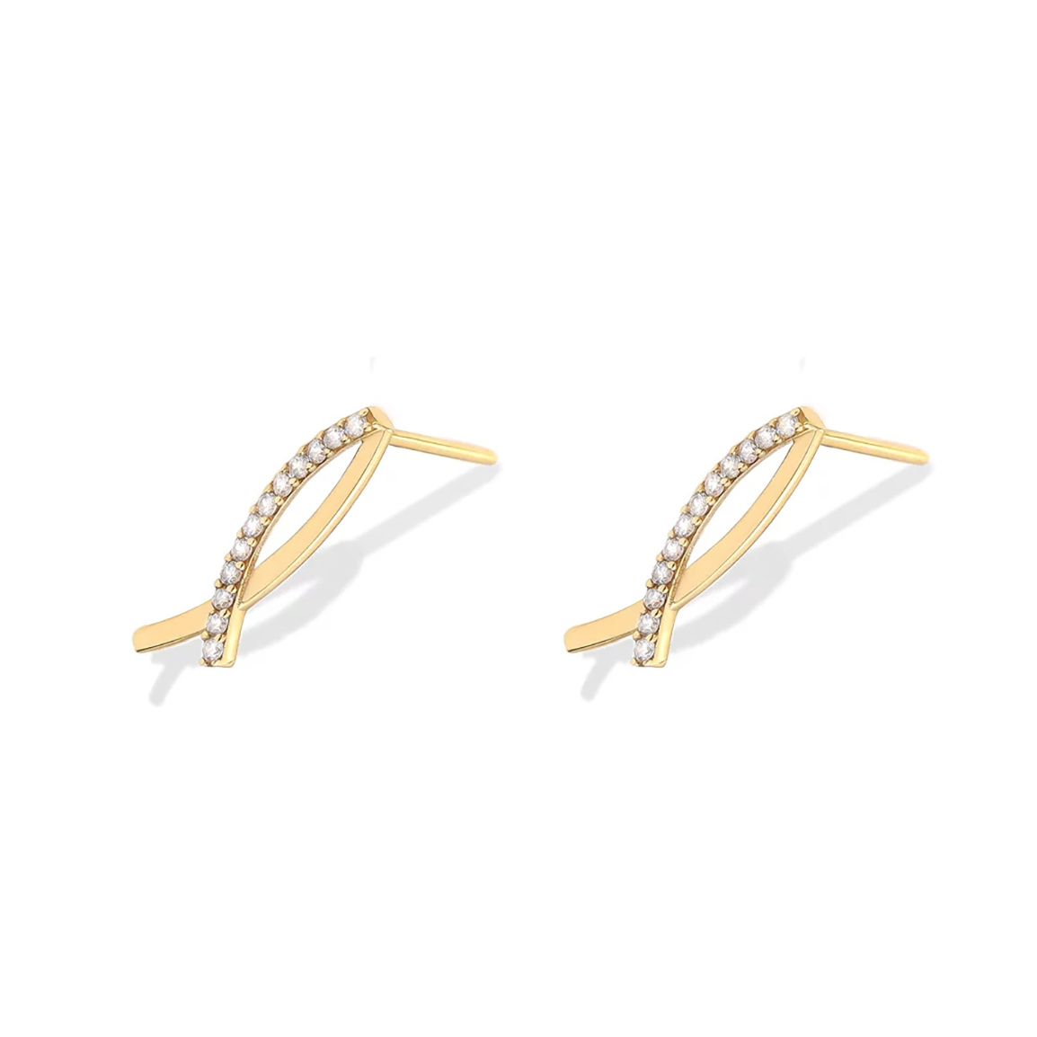 گوشواره طلا 18 عیار مدل میخی دو خط خم ساده و نگین