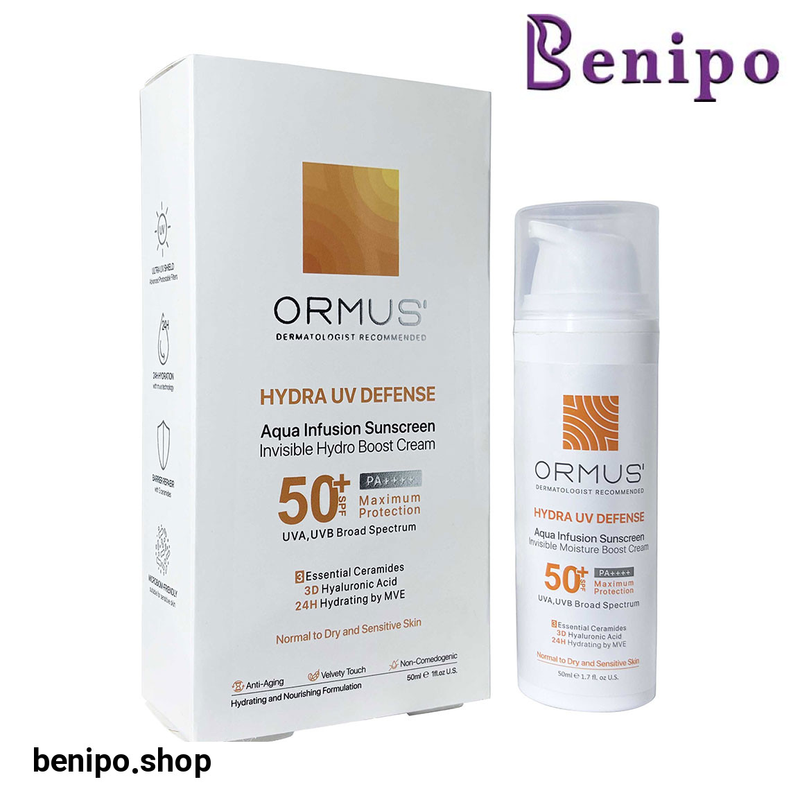 کرم ضد آفتاب بدون رنگ مدل Hydra با SPF50 مناسب پوست نرمال تا خشک و حساس حجم 50 میلی لیتر
