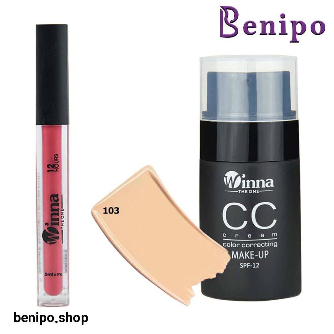 پک آرایشی دوعددی کرم پودرCC شماره 103 و رژلب مایع شماره 411